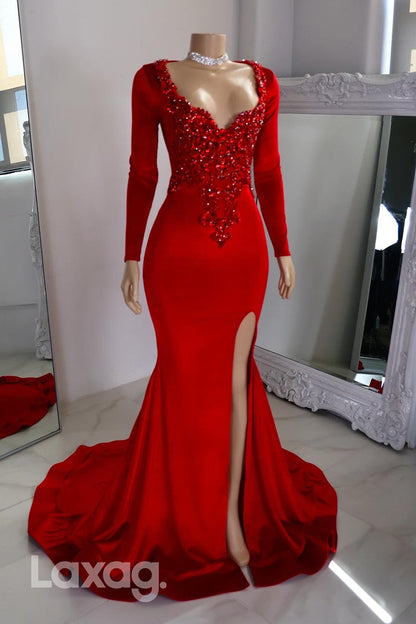 22532 - Long Sleeves Beaded Mermaid Prom Dresses for Black Girl Slay with Slit