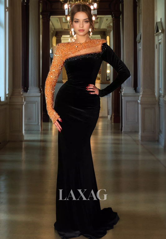 22211 - Jewel Long Sleeves Beaded Sleek Satin Mermaid Party Prom Formal Evening Dress