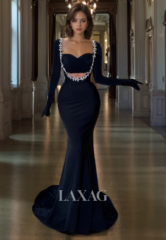 22038 - Unique Sweetheart Beads Long Sleeves Black Mermaid Formal Prom Dress