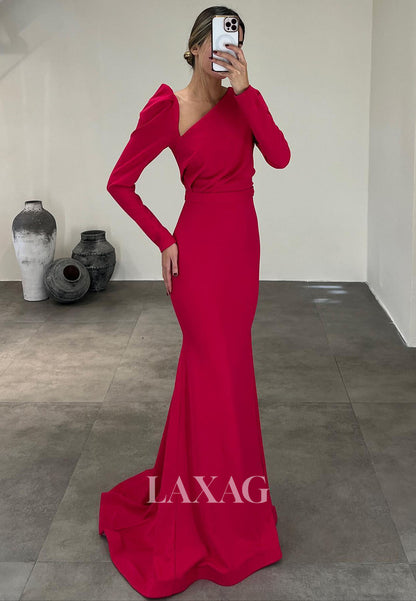 23165 - Long Sleeves Sleek Satin ElegantParty Prom Formal Evening Dress with Train