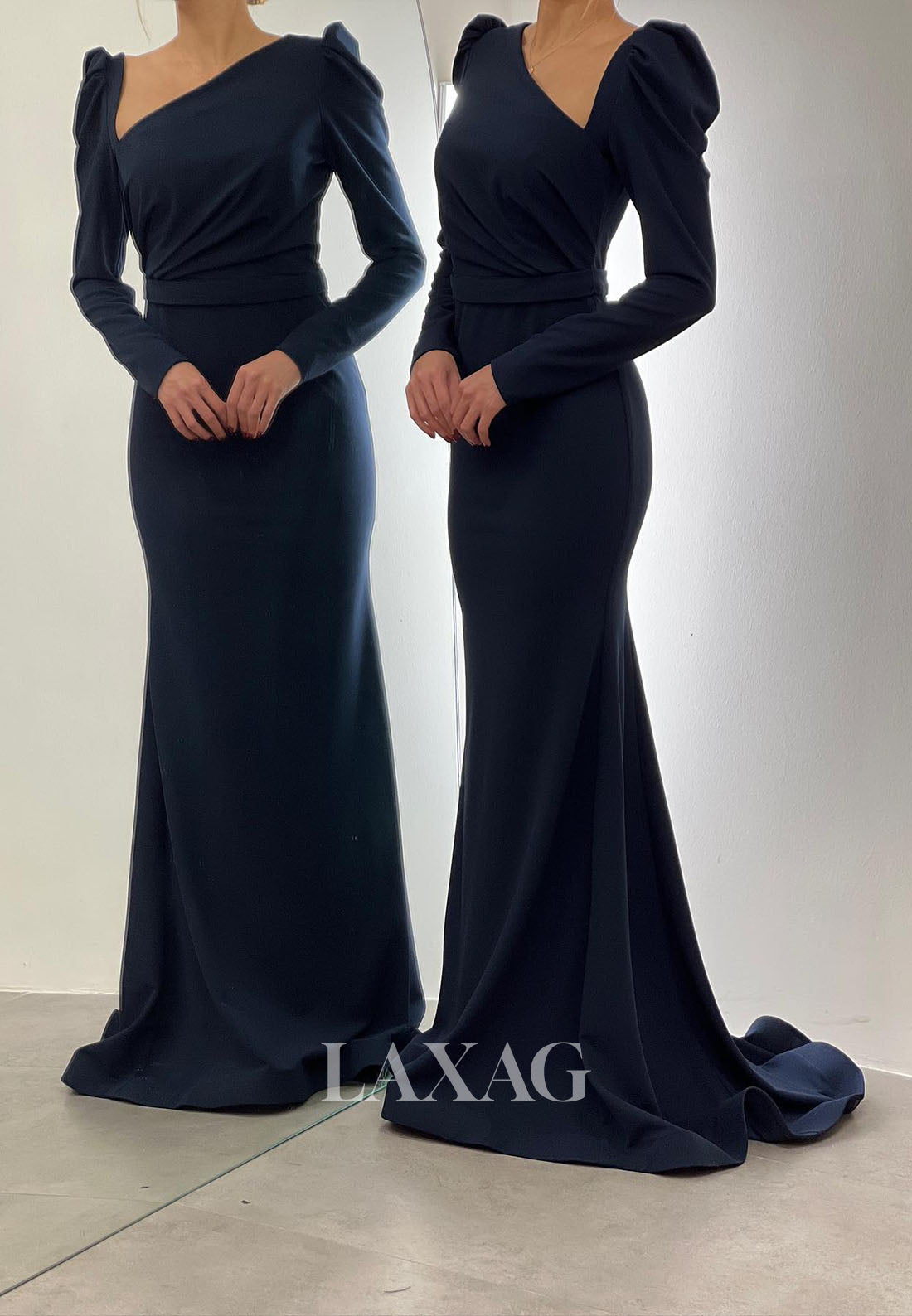 23165 - Long Sleeves Sleek Satin ElegantParty Prom Formal Evening Dress with Train