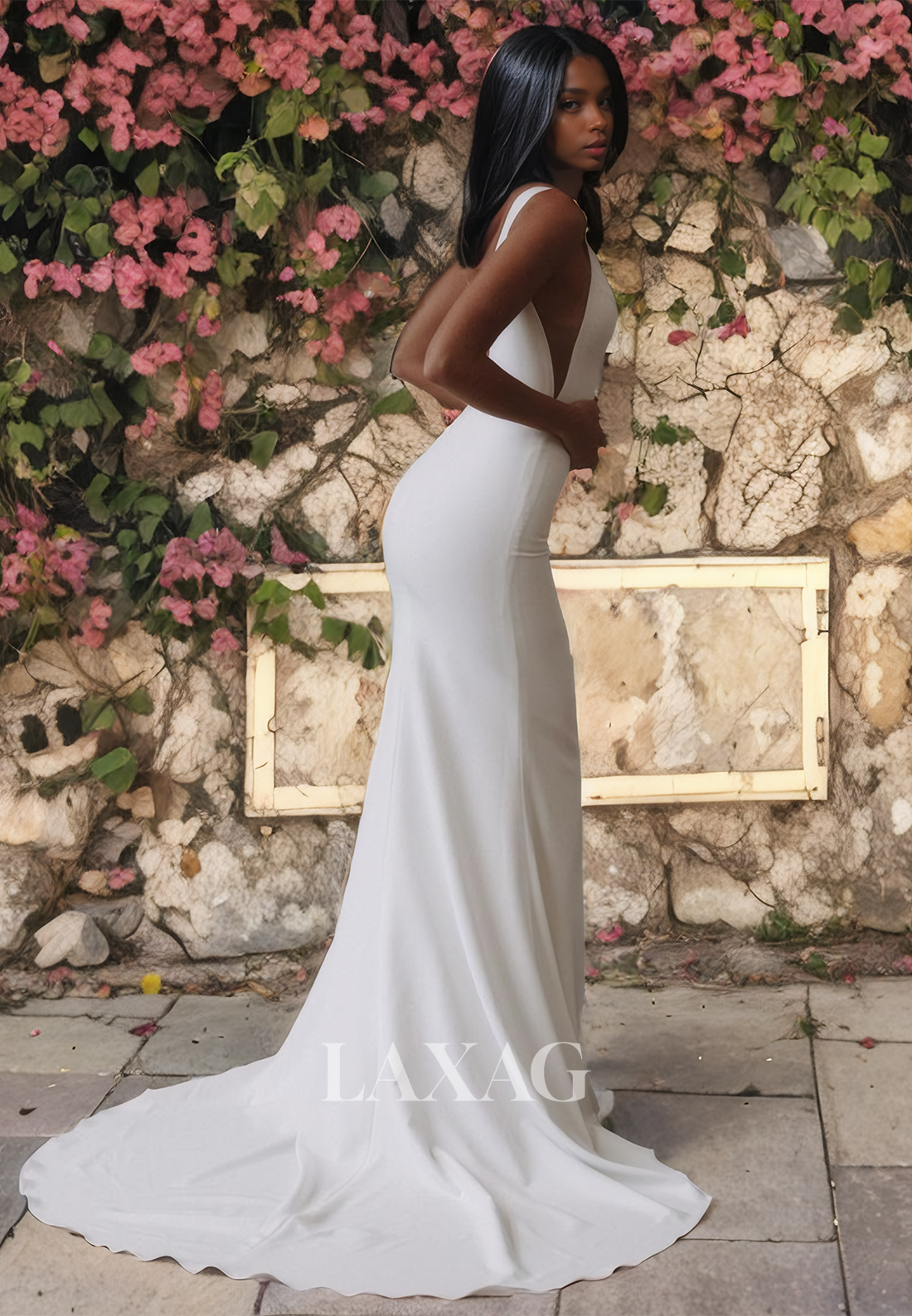 Low V-Neck Backless Sleek Satin Elegant Mermaid Wedding Dress with Train