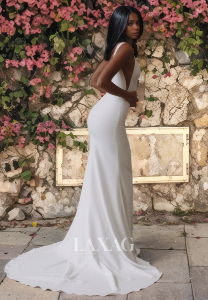 Low V-Neck Backless Sleek Satin Elegant Mermaid Wedding Dress with Train