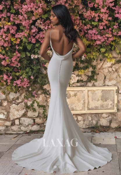 Low V-Neck Backless Sleek Satin Mermaid Elegant Wedding Dress with Train