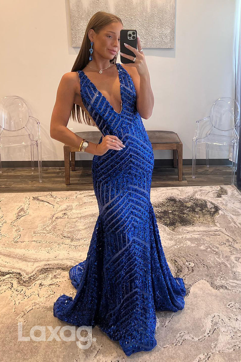 22335 - Low V-Neck Backless Fully Sequins Mermaid Party Prom Formal Evening Dress