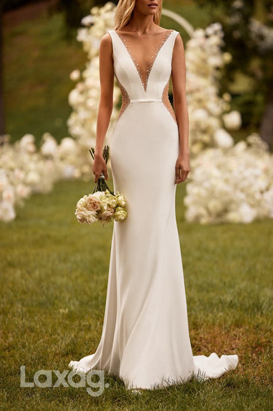 22663 - Low V-Neck Beaded illusion Sleek Satin Elegant Mermaid Wedding Dress