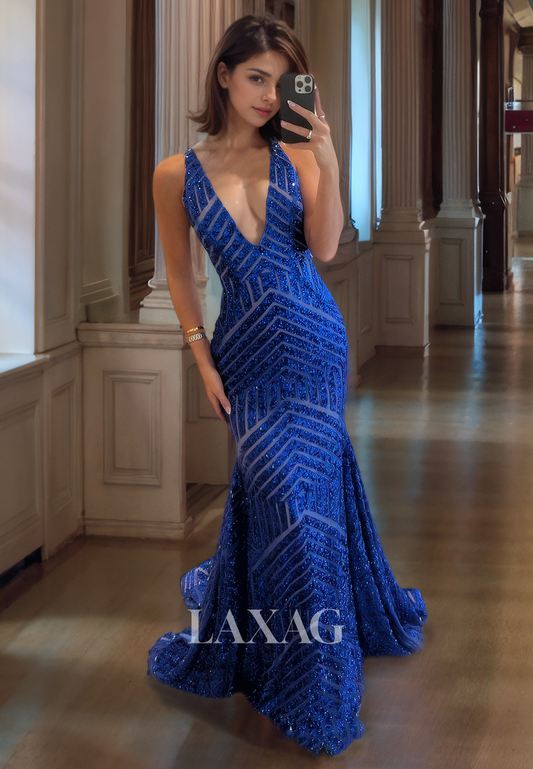 Low V-Neck Fully Sequins Mermaid Party Prom Formal Evening Dress