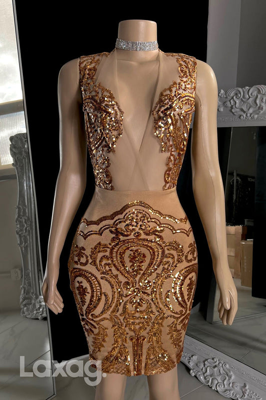 22551 - Low V-Neck Sequins Tulle illusion Prom Dresses for Black Girl Slay