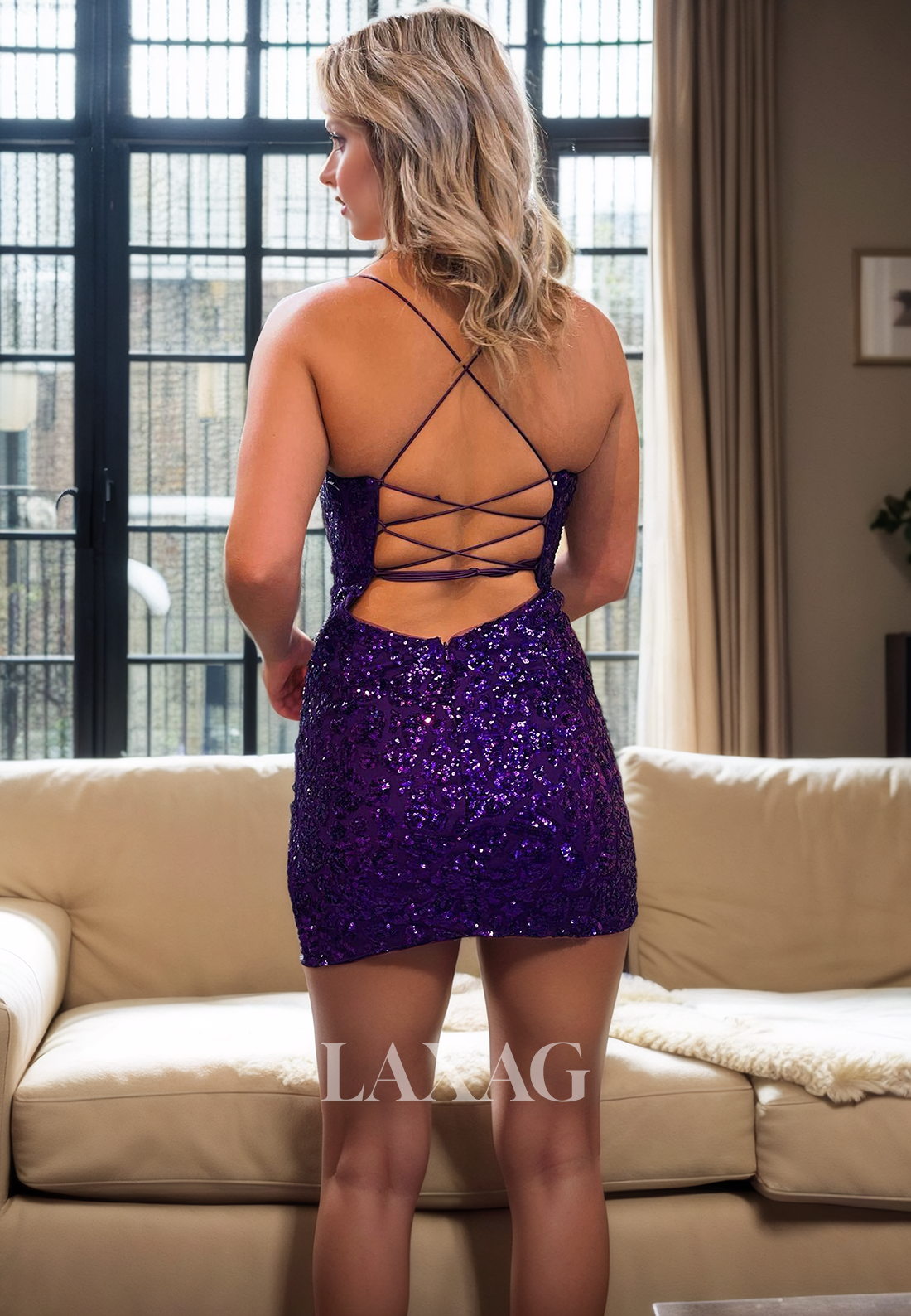 Low V-Neck Spaghetti Straps Backless Fully Sequins Party Homecoming Dress