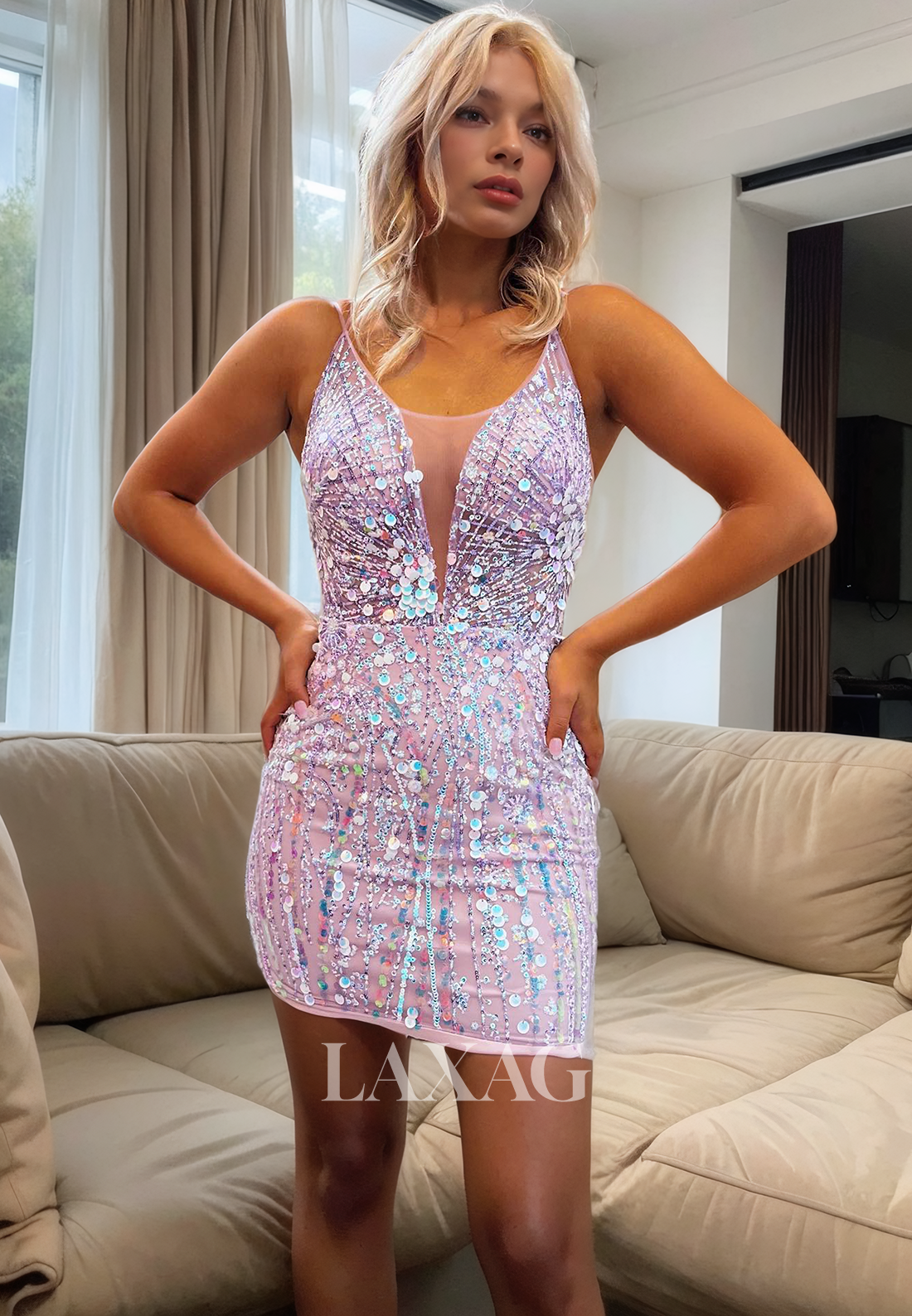 Low V-Neck Spaghetti Straps Sequins Beaded Fitted Party Homecoming Dress