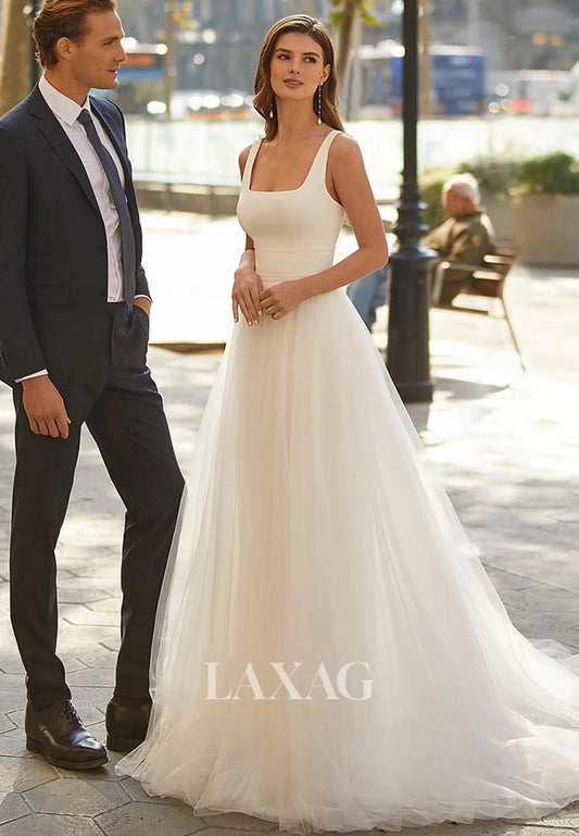 Square-Neck Straps Sleeveless A-Line Wedding Dress Pleated Tulle Sweep Train Bride Gowns