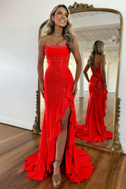 Tube Top Sleeveless Pleated Satin Party Gowns Off-Shoulder Fully Beaded Mermaid Prom Dress with Slit