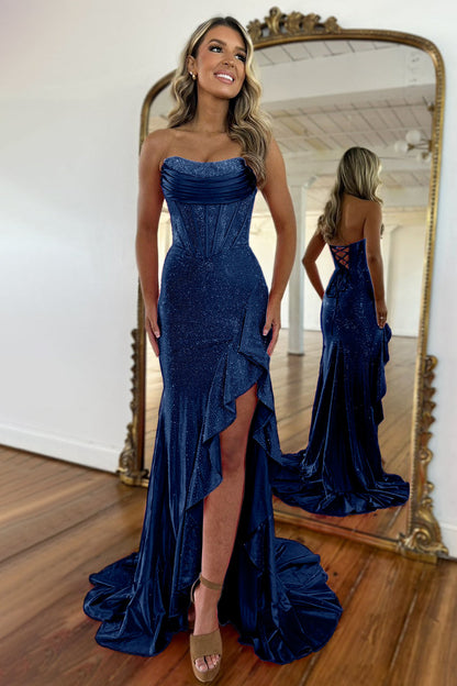 Tube Top Sleeveless Pleated Satin Party Gowns Off-Shoulder Fully Beaded Mermaid Prom Dress with Slit