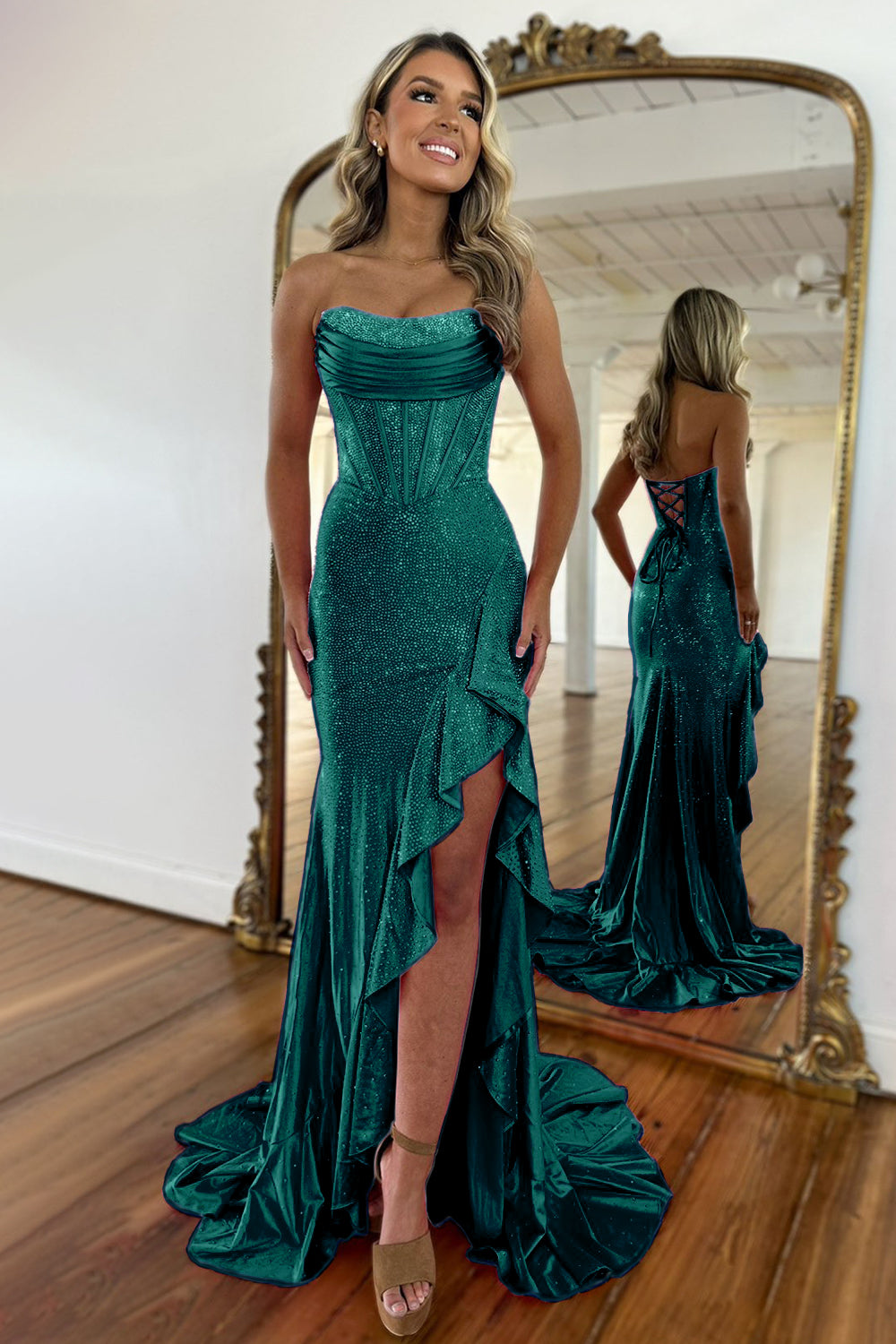 Tube Top Sleeveless Pleated Satin Party Gowns Off-Shoulder Fully Beaded Mermaid Prom Dress with Slit