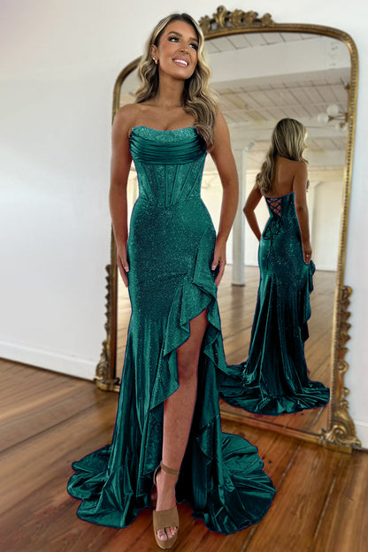 Tube Top Sleeveless Pleated Satin Party Gowns Off-Shoulder Fully Beaded Mermaid Prom Dress with Slit