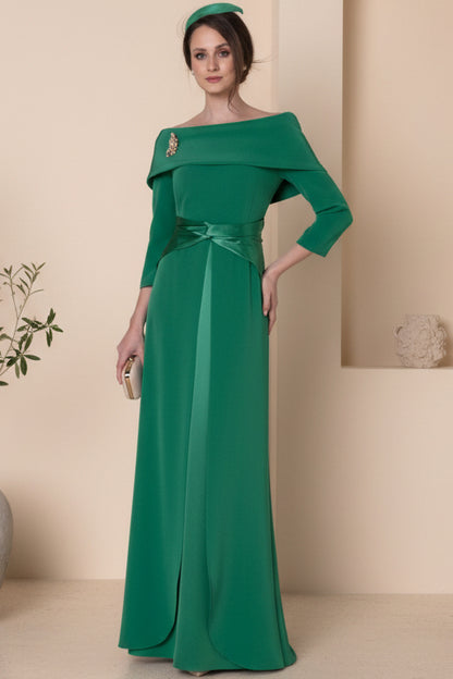 Bateau-Neck 3/4-Sleeves Beaded Satin Pleated Floor-Length Fitted Mother of the Bride Dress