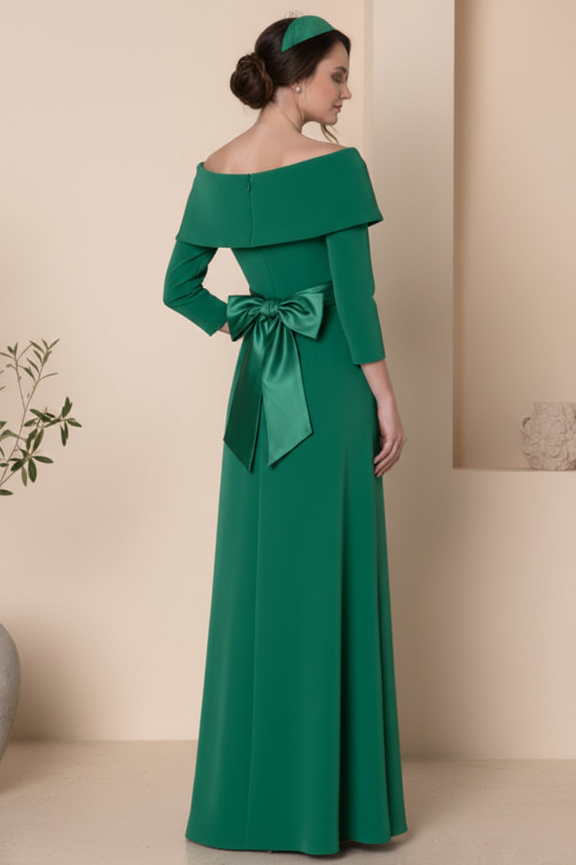 Bateau-Neck 3/4-Sleeves Beaded Satin Pleated Floor-Length Fitted Mother of the Bride Dress