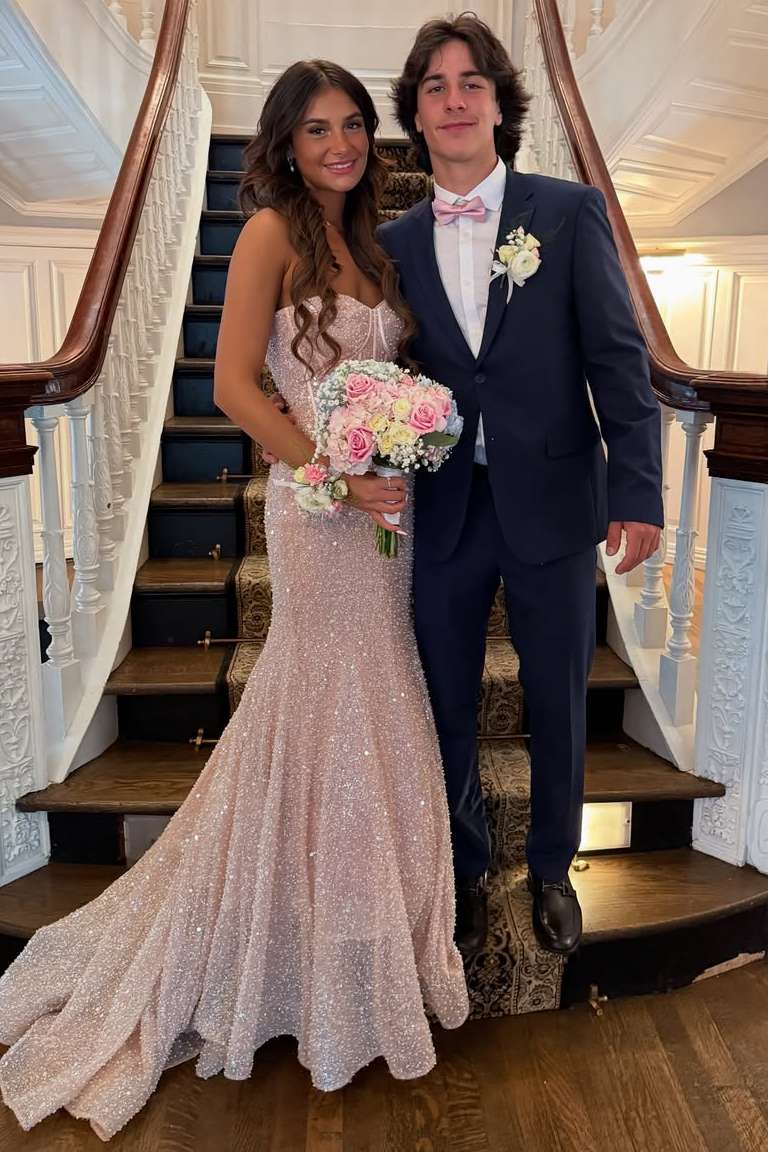 Strapless Sweetheart Party Gowns Fully Sequined Beaded Mermaid Prom Dress with Sweep Train