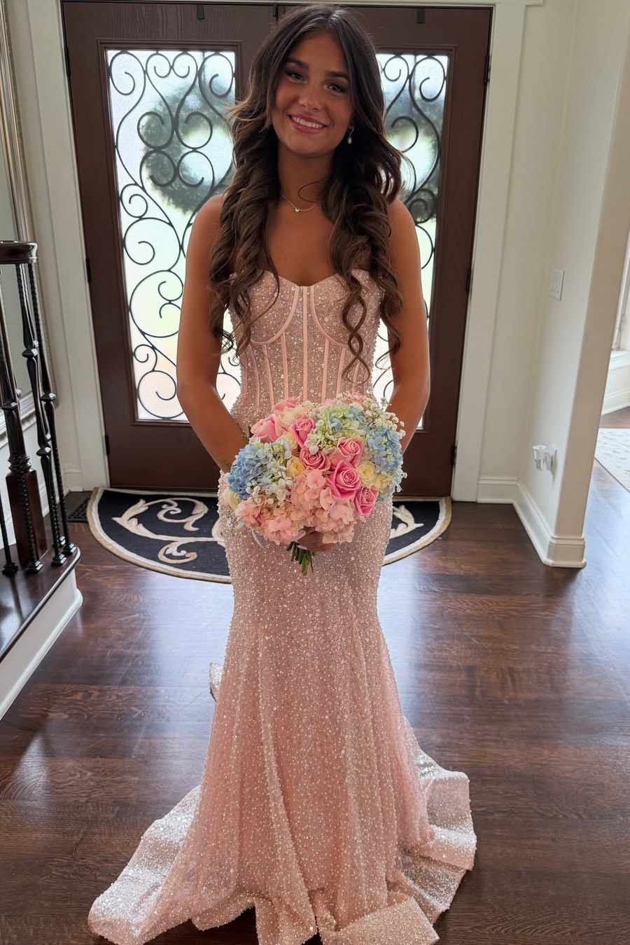 Strapless Sweetheart Party Gowns Fully Sequined Beaded Mermaid Prom Dress with Sweep Train