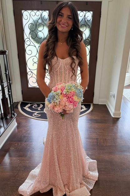 Strapless Sweetheart Party Gowns Fully Sequined Beaded Mermaid Prom Dress with Sweep Train