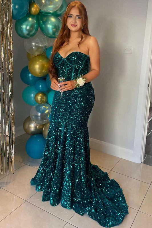Sweetheart Fully Sequined Mermaid Prom Dress Off-Shoulder Sleeveless Sweep Train Party Gowns