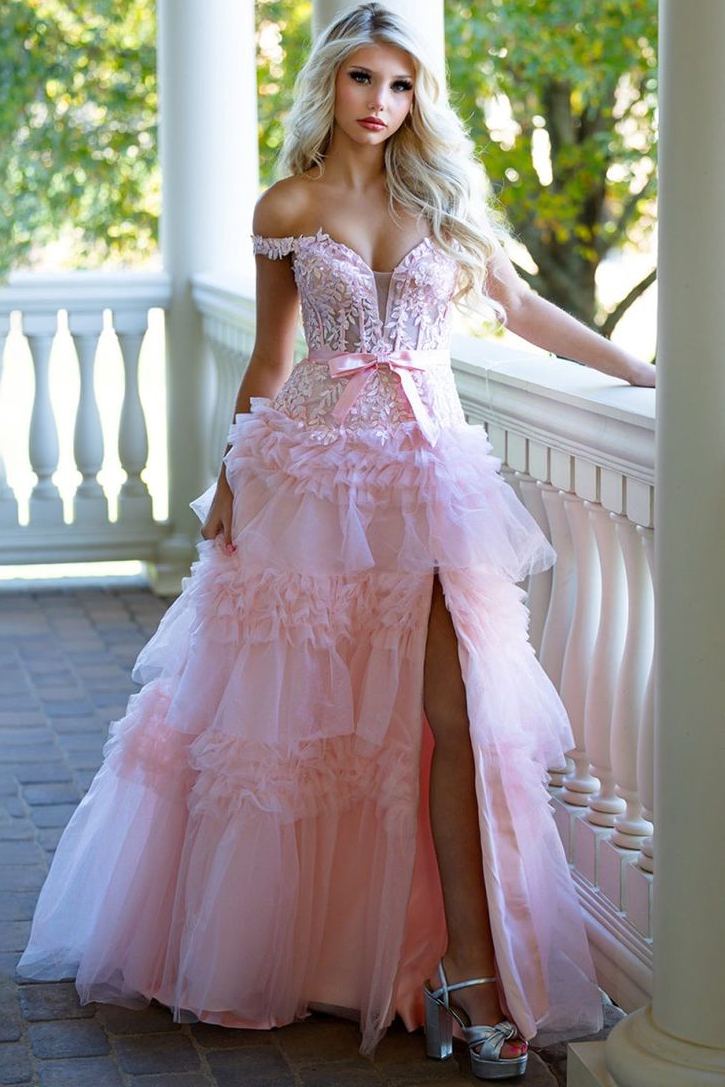 Deep V-Neck Off-Shoulder Sleeveless Beaded Applique Tulle Pleated Tiered A-Line Prom Dress