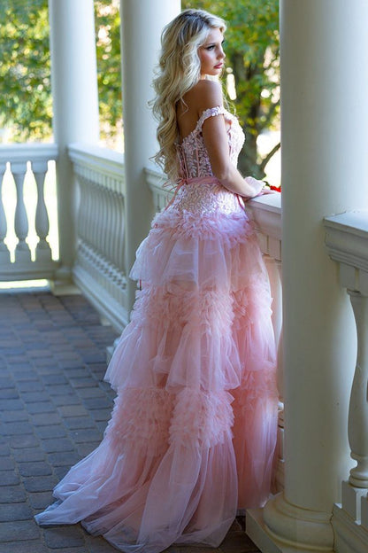 Deep V-Neck Off-Shoulder Sleeveless Beaded Applique Tulle Pleated Tiered A-Line Prom Dress