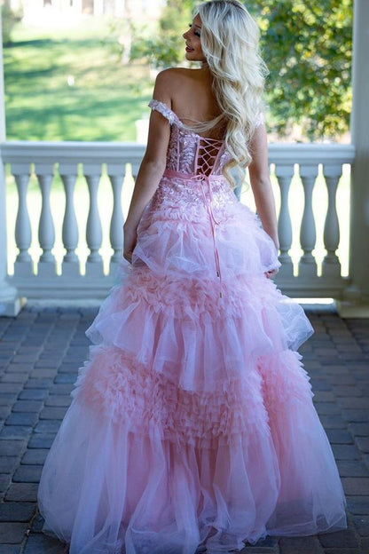 Deep V-Neck Off-Shoulder Sleeveless Beaded Applique Tulle Pleated Tiered A-Line Prom Dress