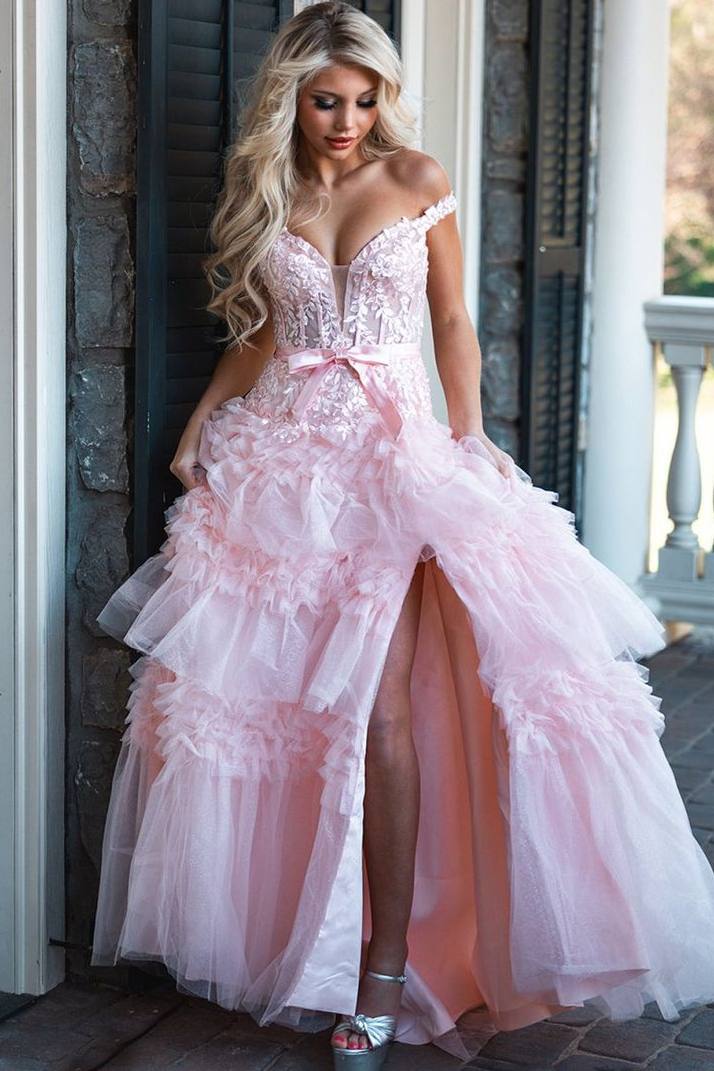Deep V-Neck Off-Shoulder Sleeveless Beaded Applique Tulle Pleated Tiered A-Line Prom Dress