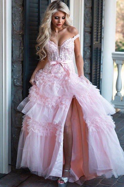 Deep V-Neck Off-Shoulder Sleeveless Beaded Applique Tulle Pleated Tiered A-Line Prom Dress