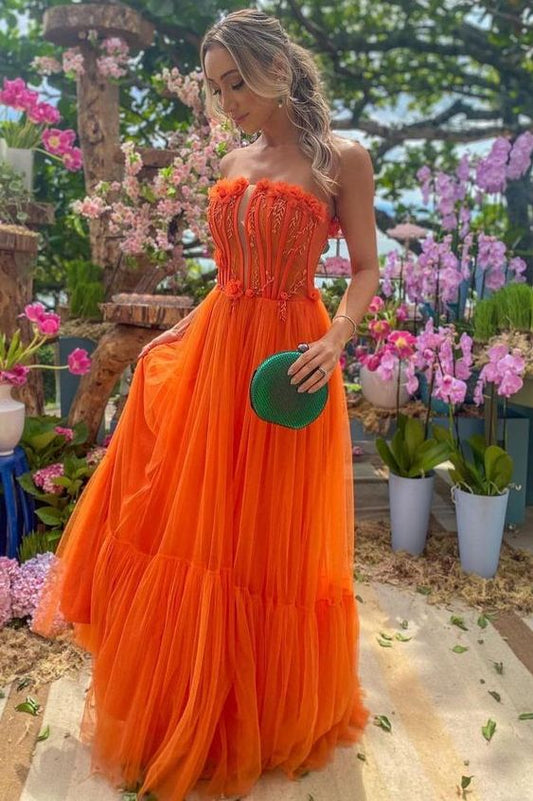 Tube Top Sleeveless Floor-Length Beaded Applique Tulle Pleated A-Line Prom Dress