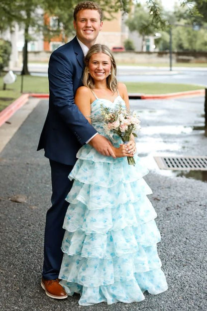 Sweetheart Spaghetti Straps Floor-Length Pleated Print-Tulle A-Line Long Prom Dress