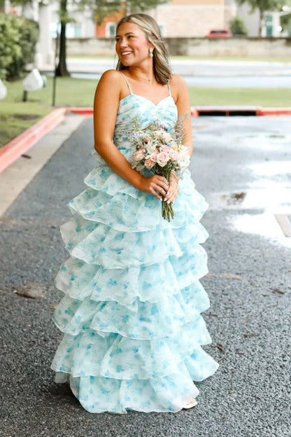 Sweetheart Spaghetti Straps Floor-Length Pleated Print-Tulle A-Line Long Prom Dress