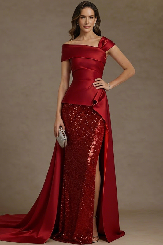 Asymmetrical-Neck Sequined Satin Pleated Mermaid Mother of the Bride Dress with Slit