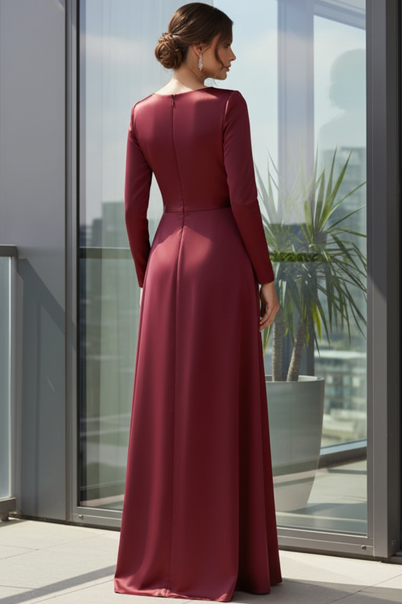 Asymmetrical-Neck Long-Sleeves Beaded Satin Pleated Fitted Mother of the Bride Dress