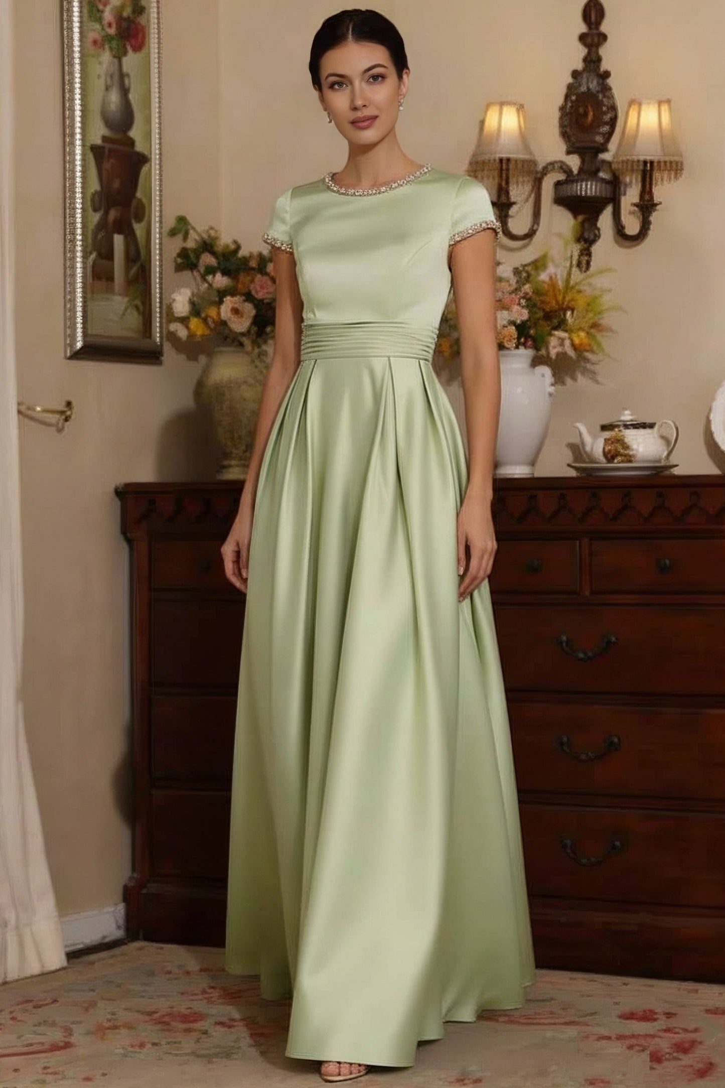 Scoop-Neck Cap-Sleeves Beaded Satin Pleated Floor-Length A-Line Mother of the Bride Dress