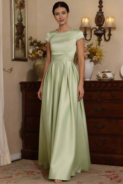 Scoop-Neck Cap-Sleeves Beaded Satin Pleated Floor-Length A-Line Mother of the Bride Dress