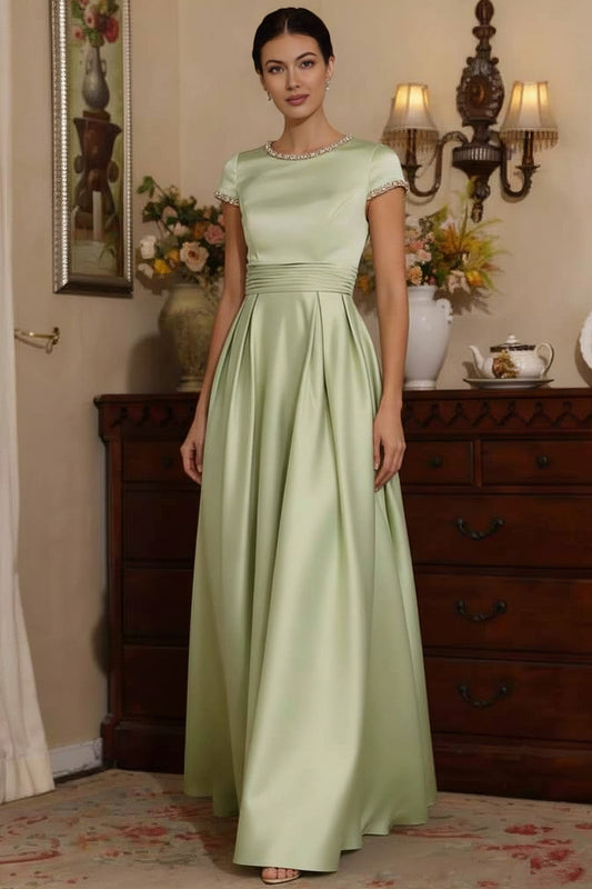 Scoop-Neck Cap-Sleeves Beaded Satin Pleated Floor-Length A-Line Mother of the Bride Dress