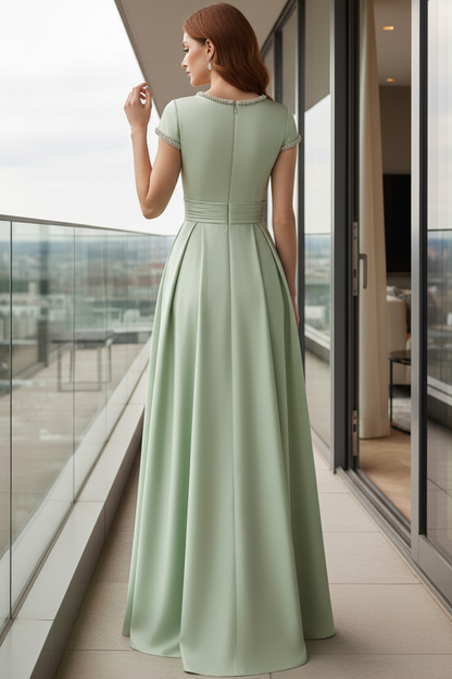 Scoop-Neck Cap-Sleeves Beaded Satin Pleated Floor-Length A-Line Mother of the Bride Dress
