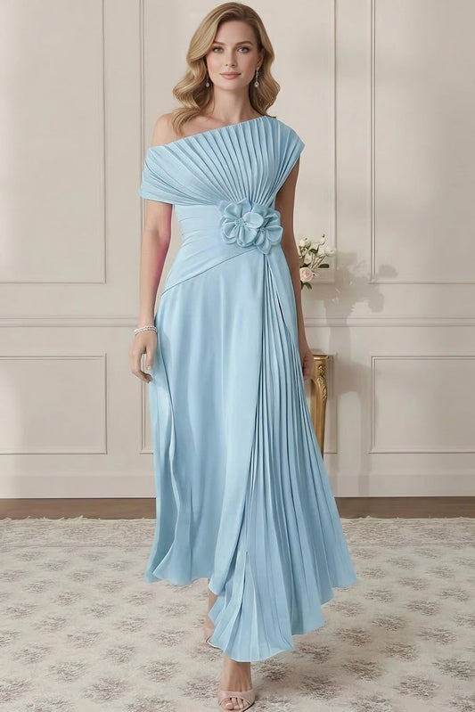 Asymmetrical-Neck Sleeveless Ankle-Length Chiffon Pleated A-Line Mother of the Bride Dress