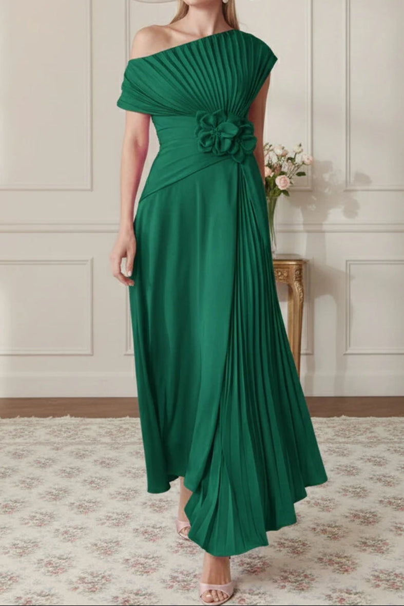 Asymmetrical-Neck Sleeveless Ankle-Length Chiffon Pleated A-Line Mother of the Bride Dress