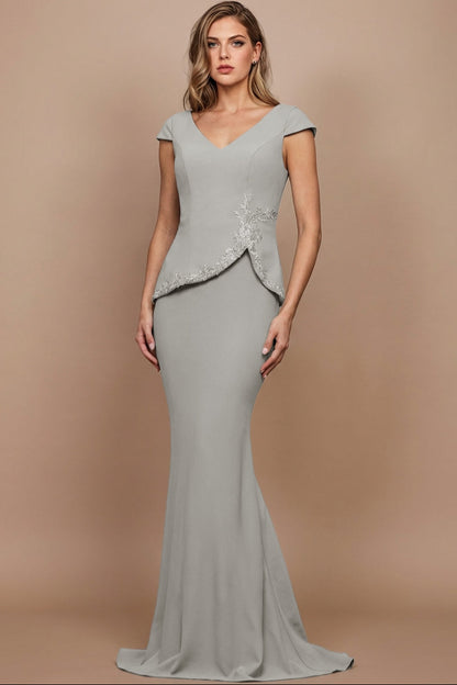 V-Neck Cap-Sleeves Lace Applique Satin Trumpet Mermaid Mother of the Bride Dress