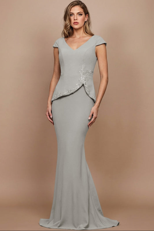 V-Neck Cap-Sleeves Lace Applique Satin Trumpet Mermaid Mother of the Bride Dress