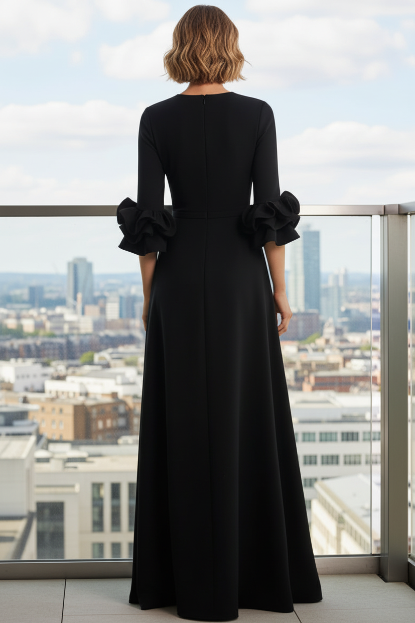Scoop-Neck Half-Sleeves Floor-Length Ruffled Satin Pleated Fitted Mother of the Bride Dress