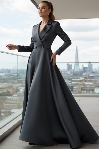 Collared V-Neck Long-Sleeves Satin Pleated Floor-Length A-Line Mother of the Bride Dress