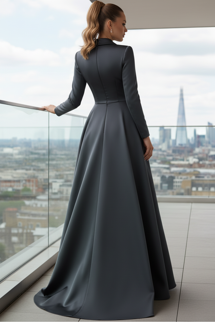Collared V-Neck Long-Sleeves Satin Pleated Floor-Length A-Line Mother of the Bride Dress