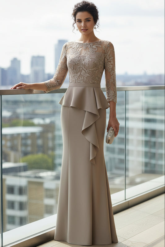 Scoop-Neck 3/4-Sleeves Floor-Length Jacquard Chiffon&Tulle Mermaid Mother of the Bride Dress