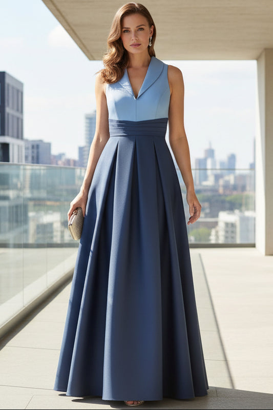 V-Neck Sleeveless Collared Two Tone Satin Floor-Length A-Line Mother of the Bride Dress