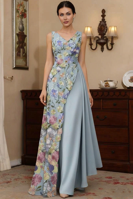 V-Neck Straps Sleeveless Jacquard Satin Pleated Floor-Length Fitted Mother of the Bride Dress