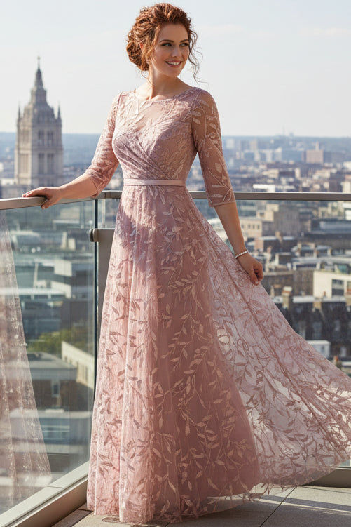 Scoop-Neck Half-Sleeves Sequined Applique Tulle Pleated A-Line Mother of the Bride Dress